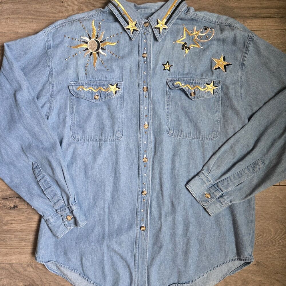 Vintage Just For Fun Celestial Denim Shirt L Sun Moon Stars Embellished 90s Y2K